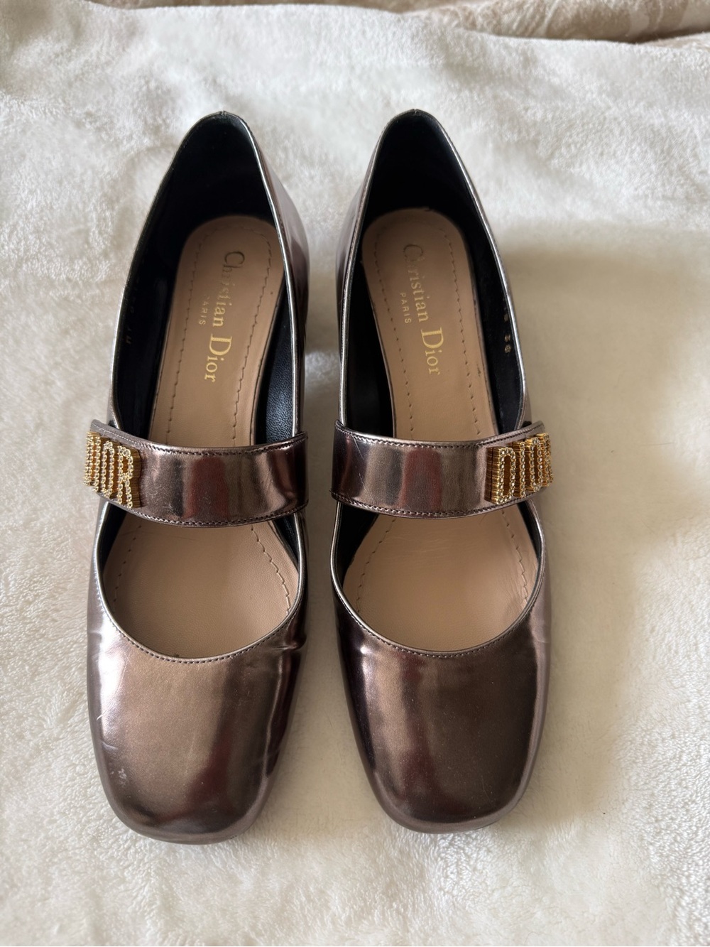 Dior Baby-D Metallic Brown Mary Jane Flats with Gold Logo Strap